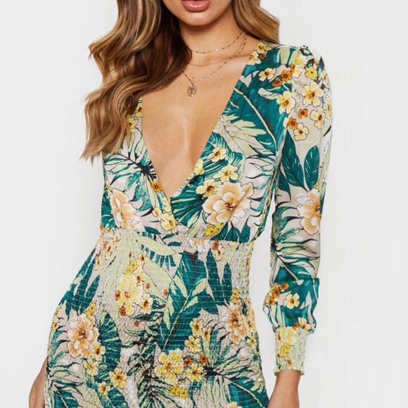 Pretty Little Thing - Green Floral Bodycon Dress - Picture 4 of 4